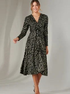 Layla Long Sleeve Metallic Wrap Dress, Black/Gold