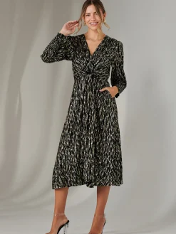 Layla Long Sleeve Metallic Wrap Dress, Black/Gold