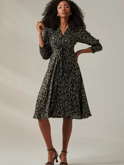 Layla Long Sleeve Metallic Wrap Dress, Black/Gold