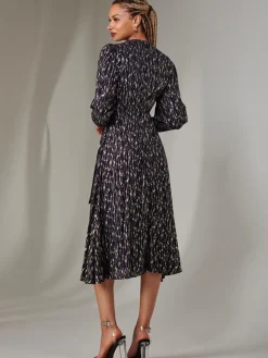 Layla Long Sleeve Metallic Wrap Dress, Navy/Gold