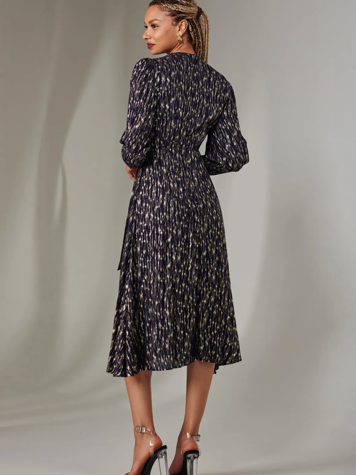 Layla Long Sleeve Metallic Wrap Dress, Navy/Gold