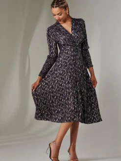 Layla Long Sleeve Metallic Wrap Dress, Navy/Gold