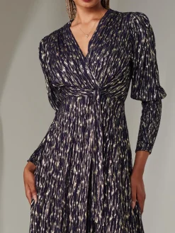 Layla Long Sleeve Metallic Wrap Dress, Navy/Gold