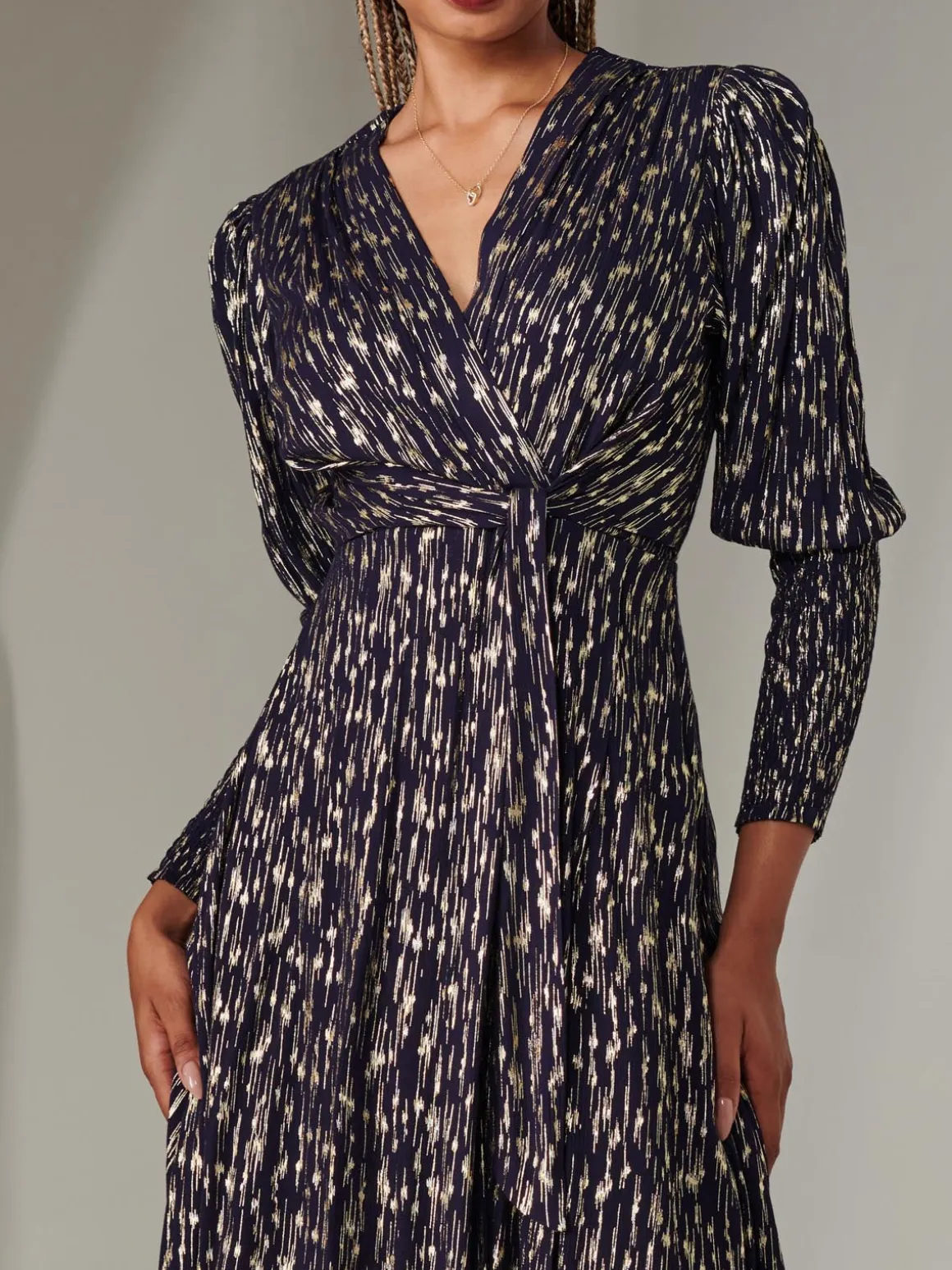 Layla Long Sleeve Metallic Wrap Dress, Navy/Gold