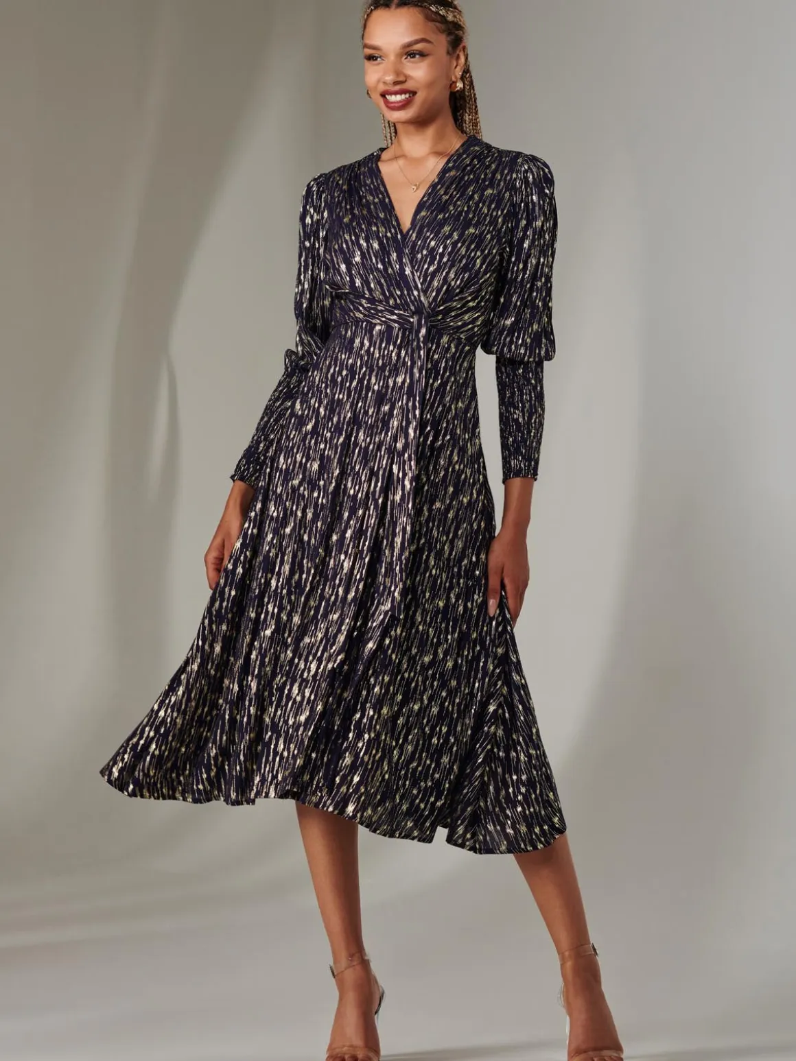 Layla Long Sleeve Metallic Wrap Dress, Navy/Gold