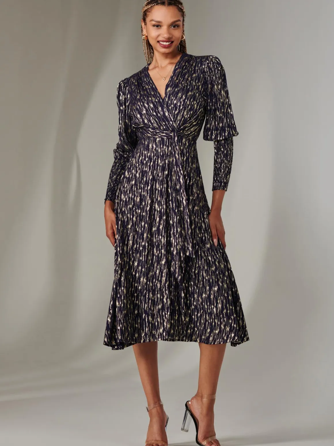 Layla Long Sleeve Metallic Wrap Dress, Navy/Gold