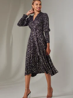 Layla Long Sleeve Metallic Wrap Dress, Navy/Gold