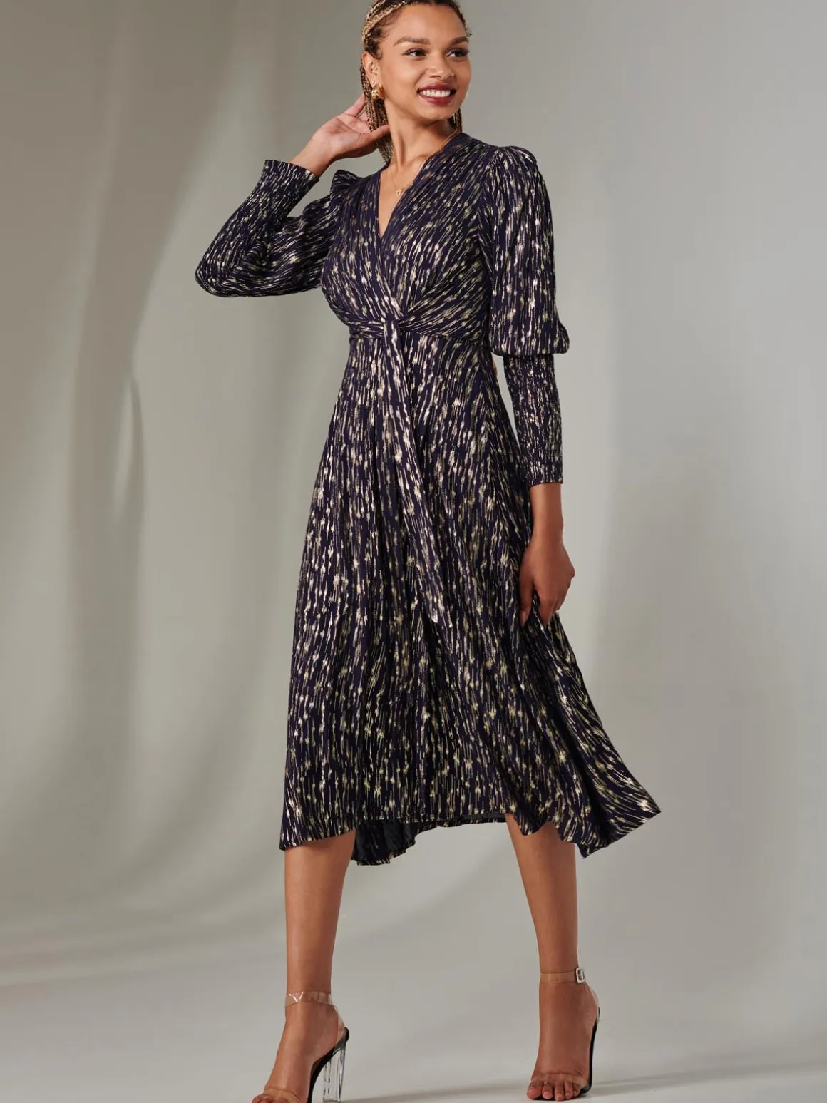 Layla Long Sleeve Metallic Wrap Dress, Navy/Gold