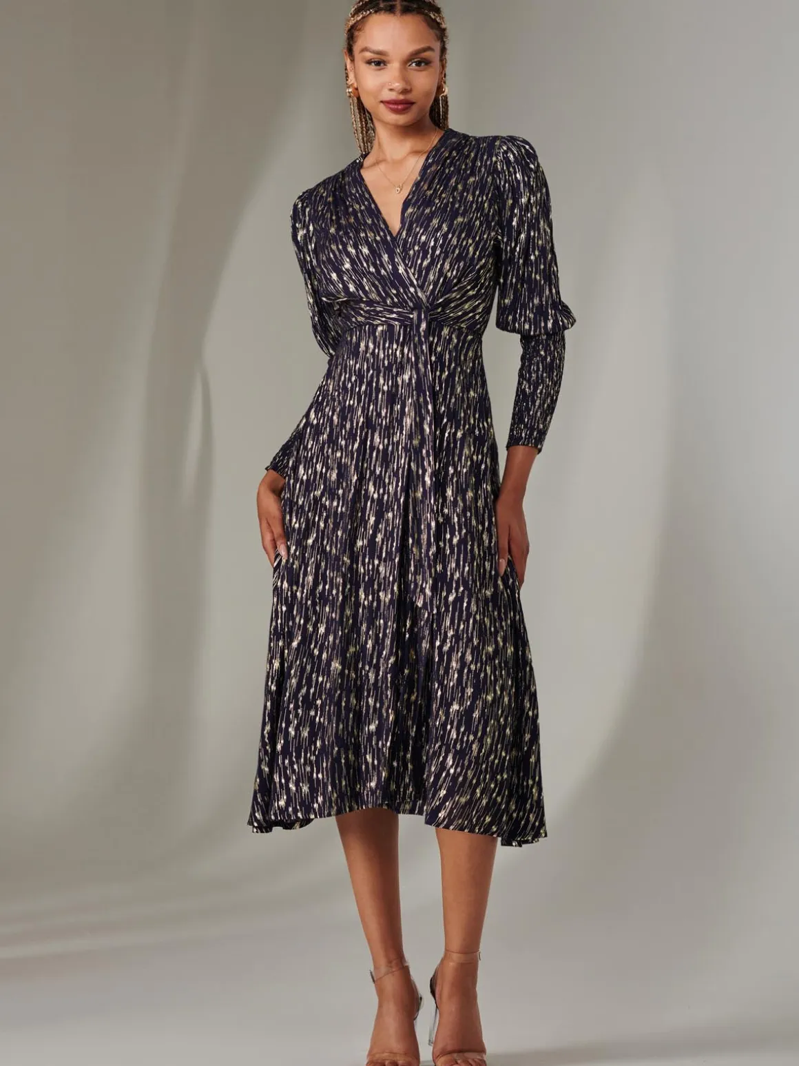 Layla Long Sleeve Metallic Wrap Dress, Navy/Gold