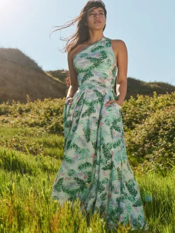 Leaf Print One Shoulder Maxi Dress, Green Multi