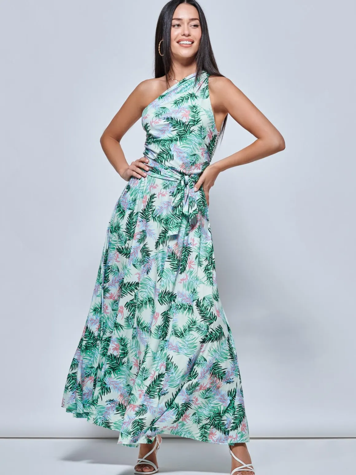 Leaf Print One Shoulder Maxi Dress, Green Multi