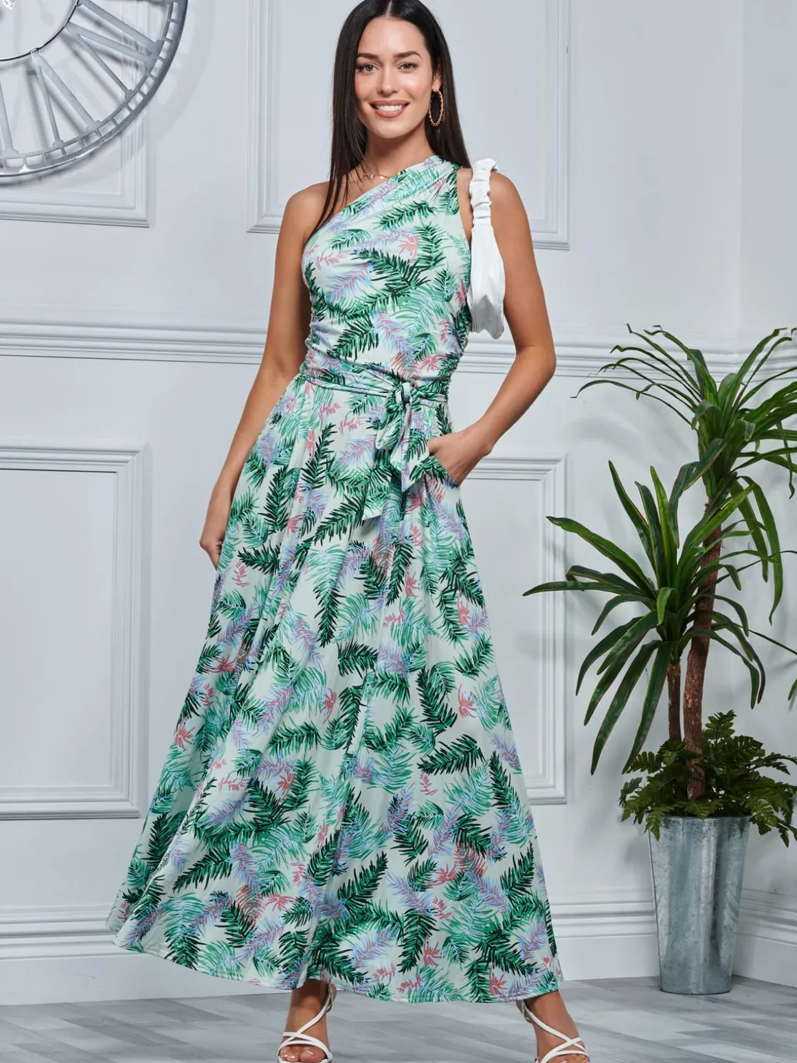Leaf Print One Shoulder Maxi Dress, Green Multi