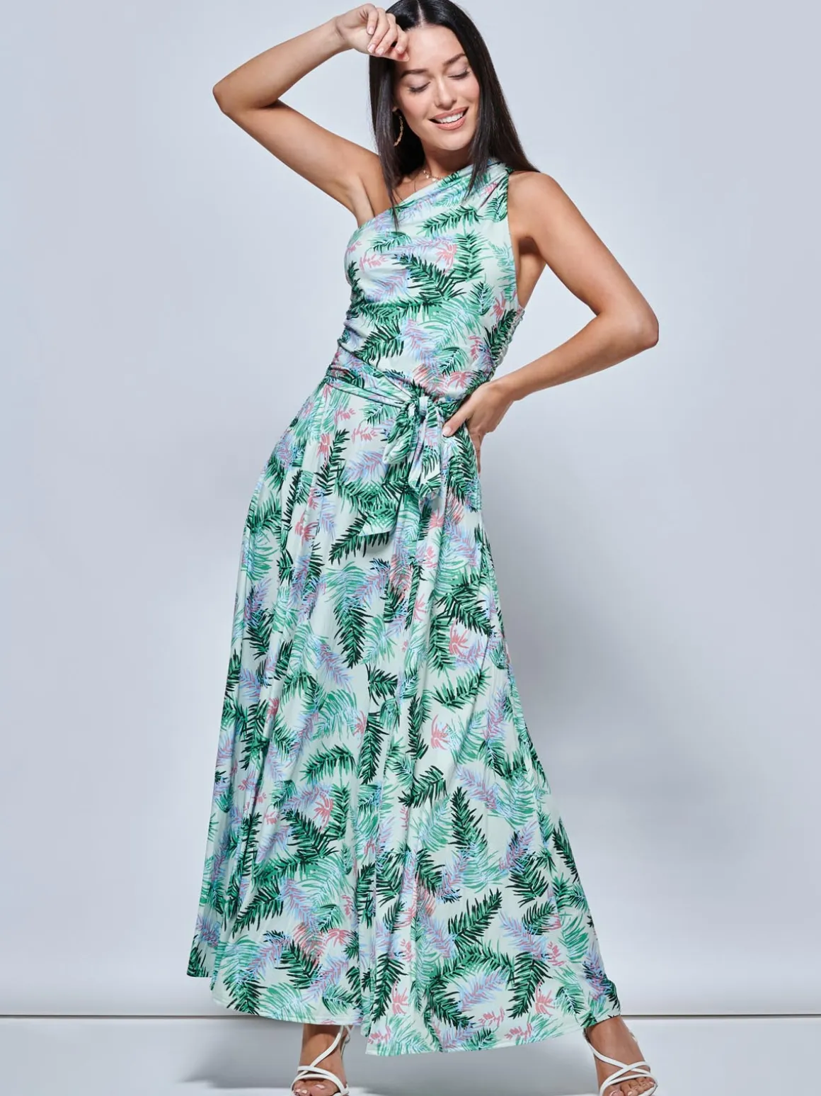 Leaf Print One Shoulder Maxi Dress, Green Multi