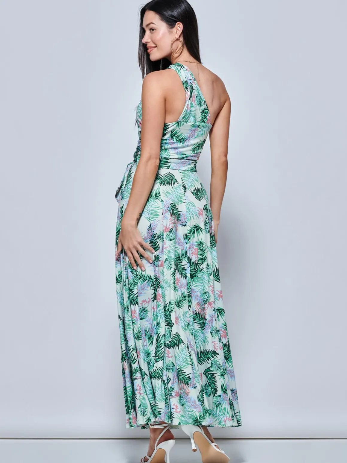 Leaf Print One Shoulder Maxi Dress, Green Multi