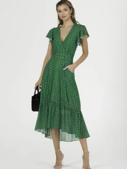 Leena Mesh Cap Sleeve Tiered Maxi Dress, Green Polka