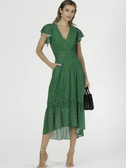 Leena Mesh Cap Sleeve Tiered Maxi Dress, Green Polka