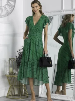 Leena Mesh Cap Sleeve Tiered Maxi Dress, Green Polka