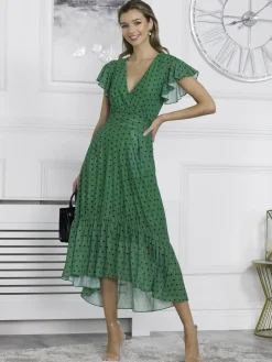 Leena Mesh Cap Sleeve Tiered Maxi Dress, Green Polka