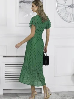 Leena Mesh Cap Sleeve Tiered Maxi Dress, Green Polka