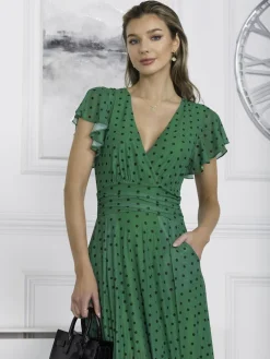Leena Mesh Cap Sleeve Tiered Maxi Dress, Green Polka