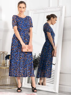 Leopard Mesh Midi Dress, Blue Animal