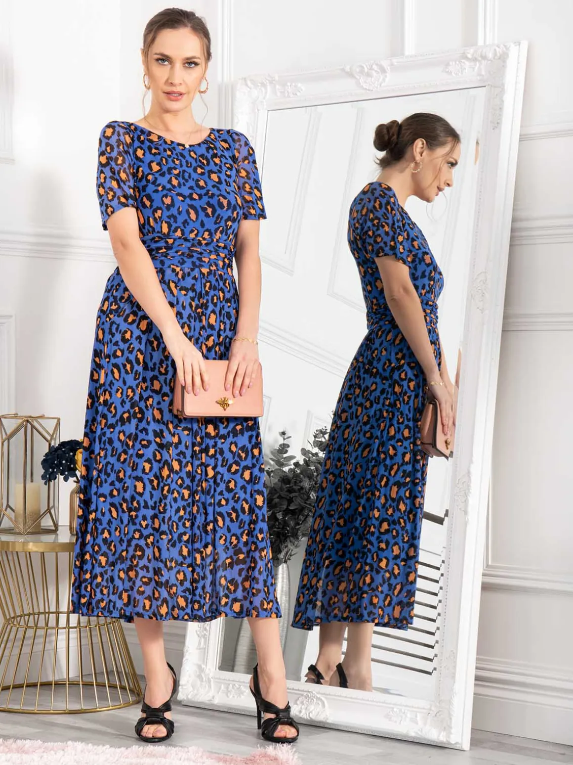 Leopard Mesh Midi Dress, Blue Animal