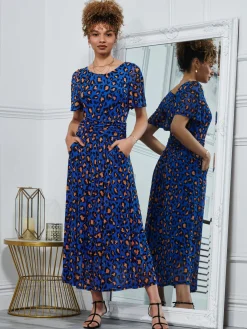 Leopard Mesh Midi Dress, Blue Animal