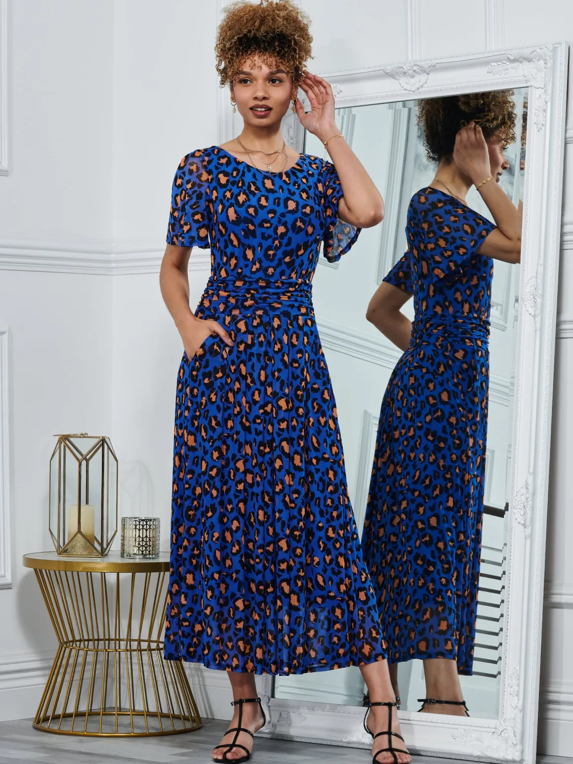 Leopard Mesh Midi Dress, Blue Animal