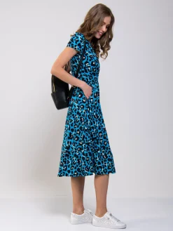 Leopard Print Fit and Flare Dress, Blue Animal