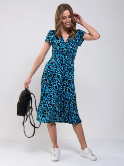 Leopard Print Fit and Flare Dress, Blue Animal