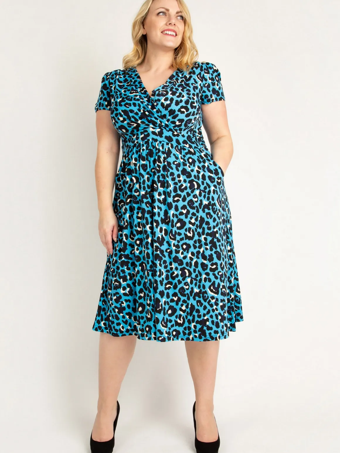 Leopard Print Fit and Flare Dress, Blue Animal