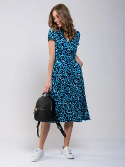Leopard Print Fit and Flare Dress, Blue Animal
