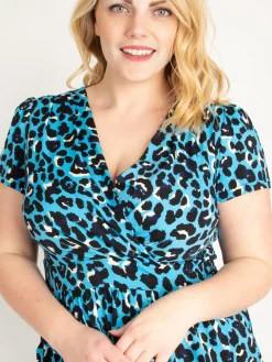 Leopard Print Fit and Flare Dress, Blue Animal