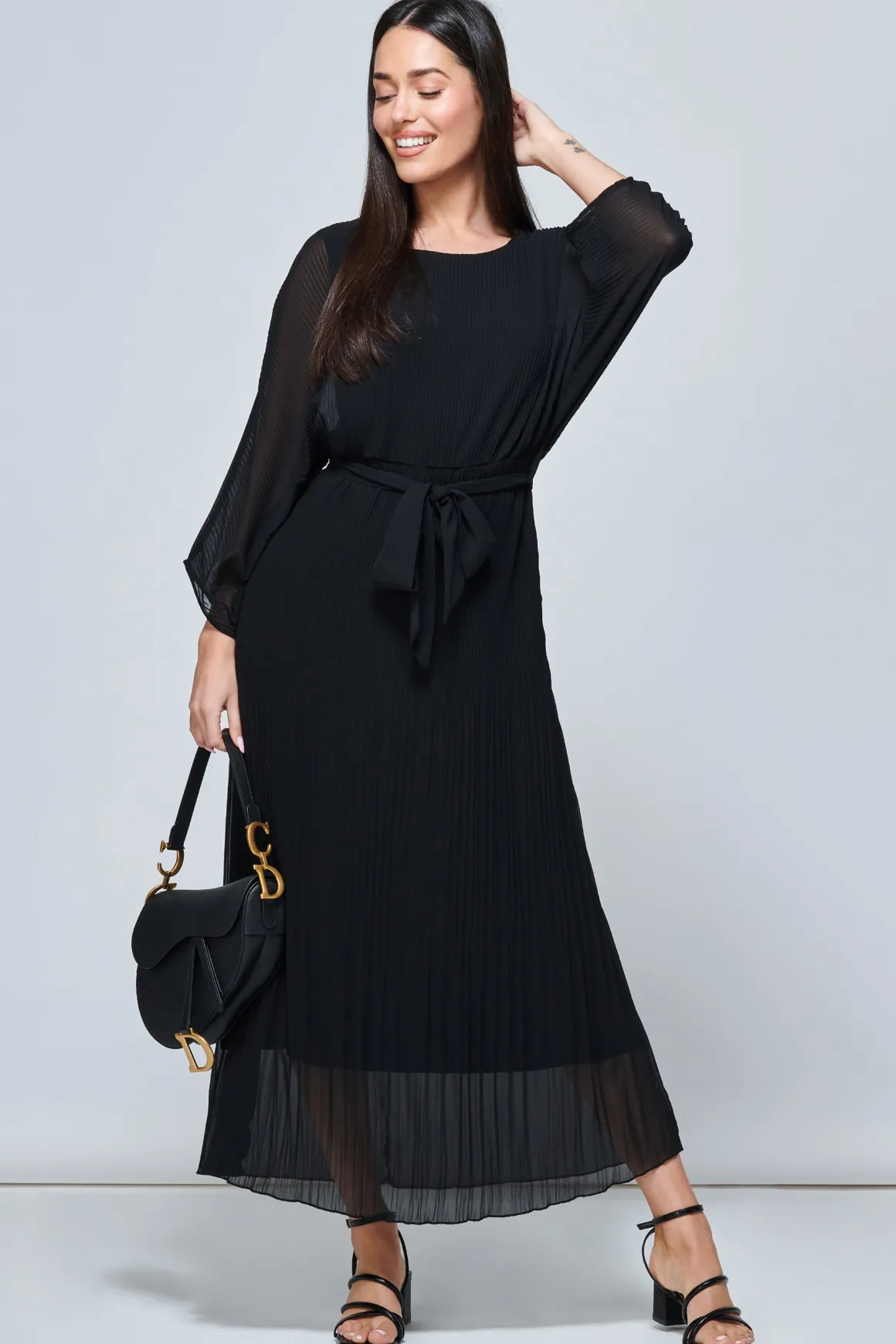 Lilyana Chiffon Pleated Maxi Dress, Black