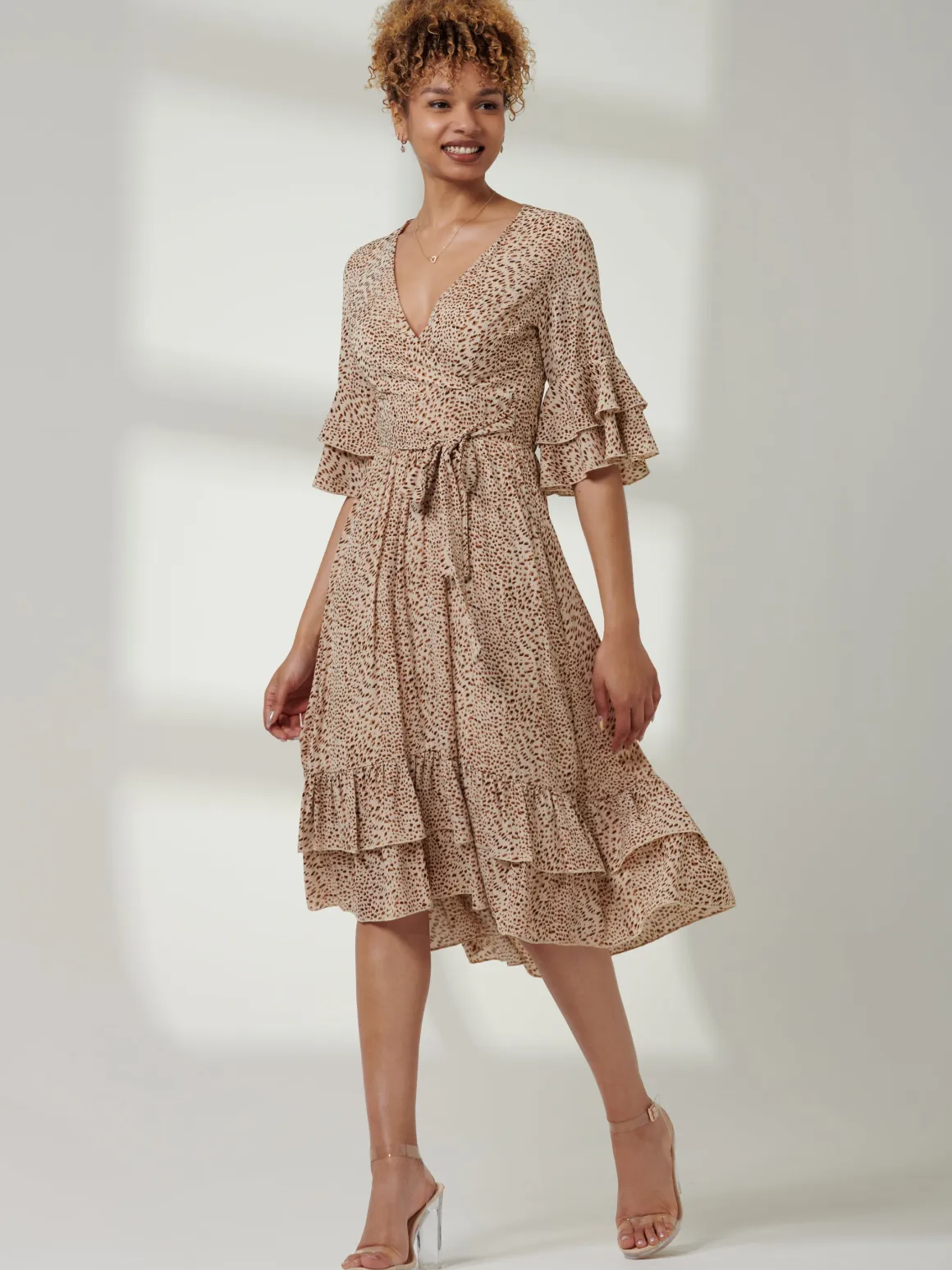 Litzy Print Flute Sleeve Midi Dress, Animal Multi