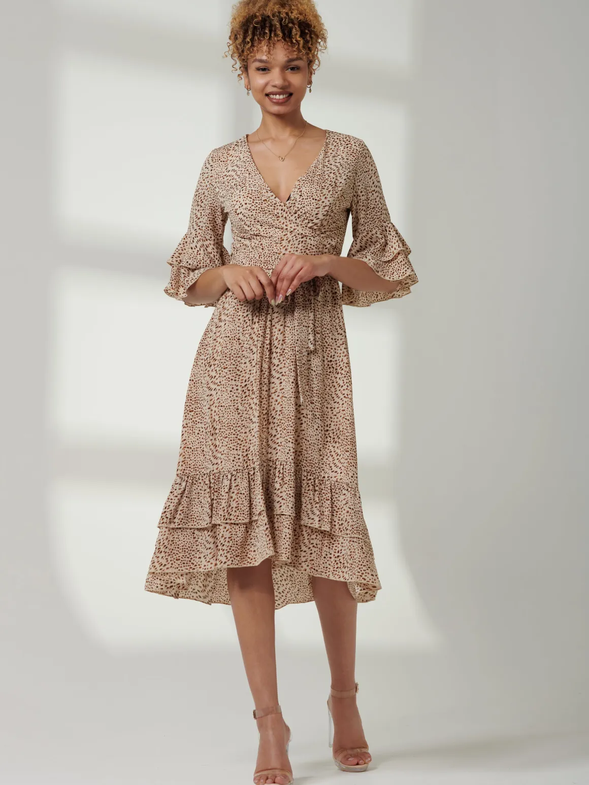 Litzy Print Flute Sleeve Midi Dress, Animal Multi