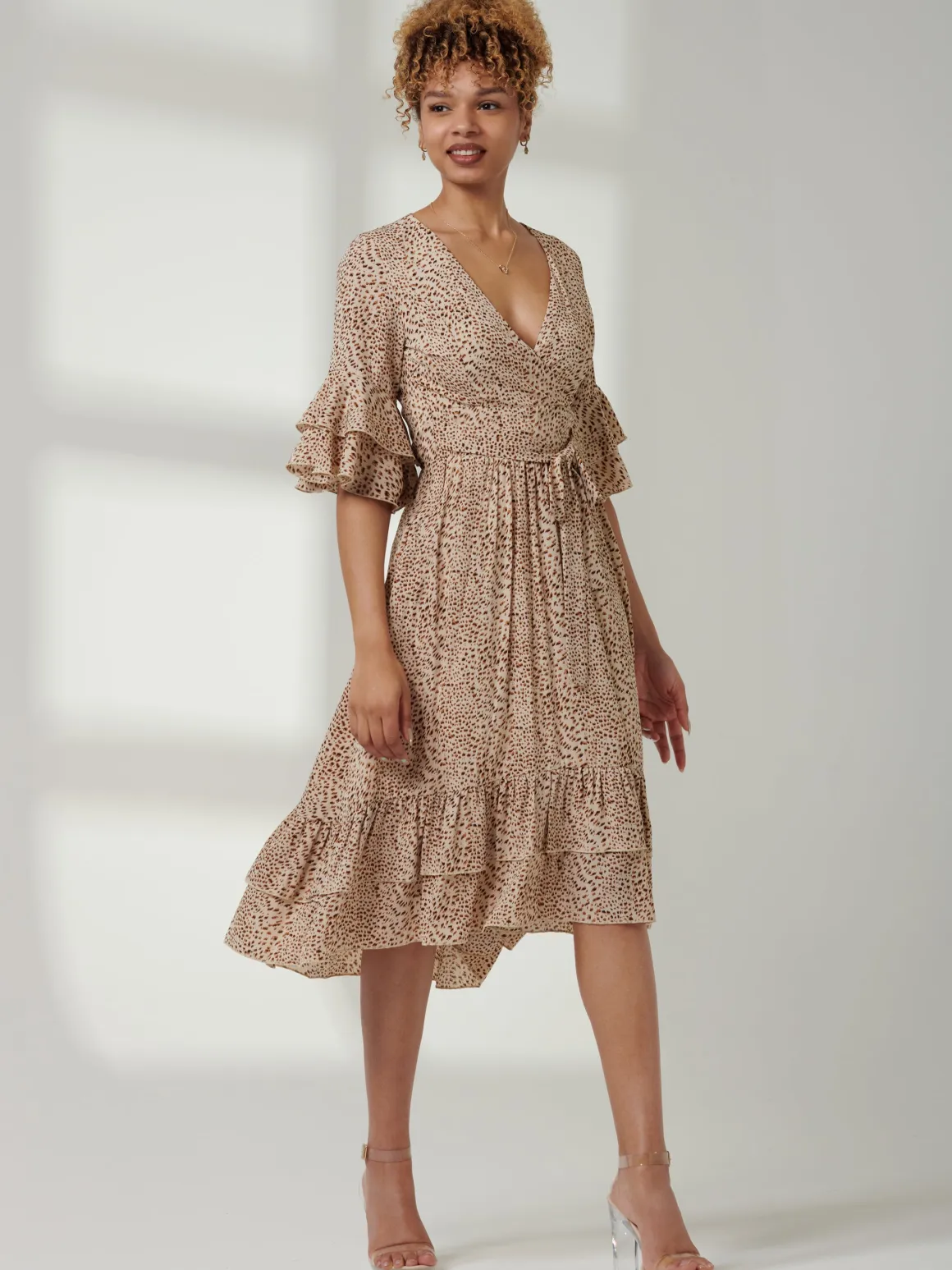Litzy Print Flute Sleeve Midi Dress, Animal Multi