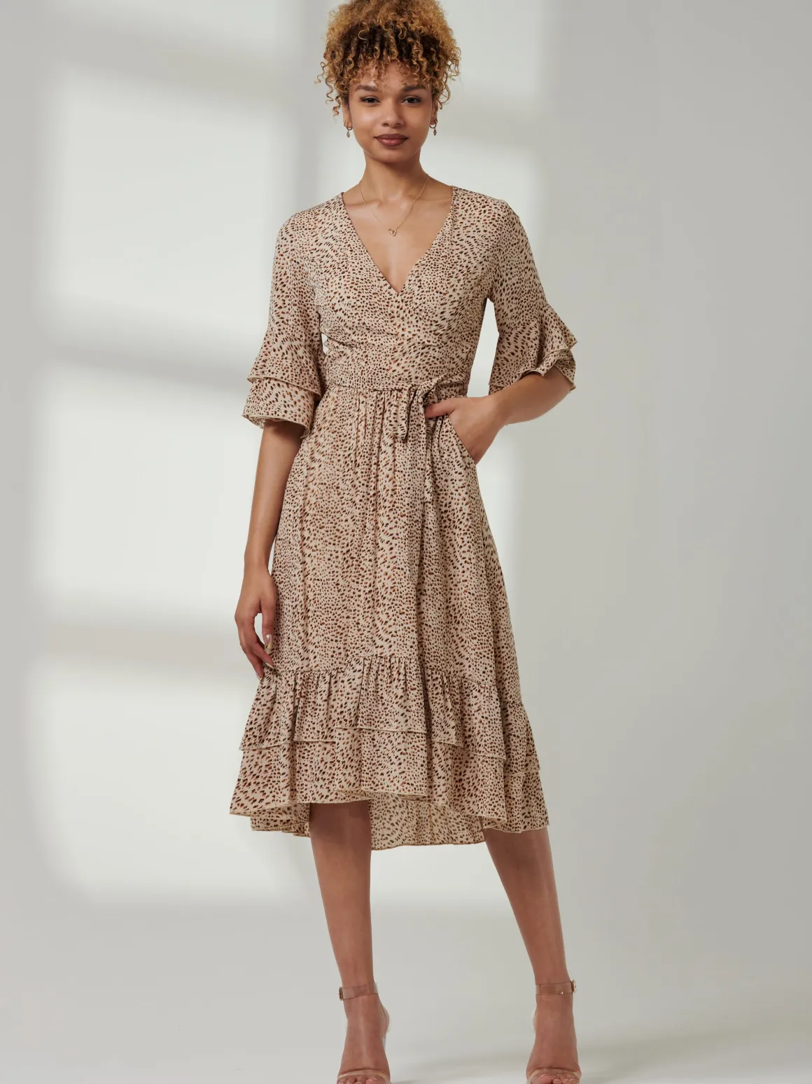 Litzy Print Flute Sleeve Midi Dress, Animal Multi