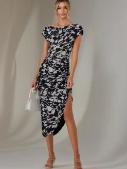 Lois Off-Shoulder Bodycon Dress, Black Geo