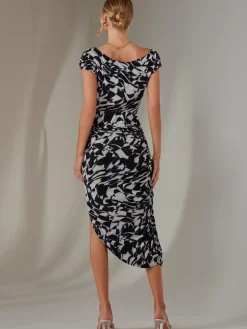 Lois Off-Shoulder Bodycon Dress, Black Geo