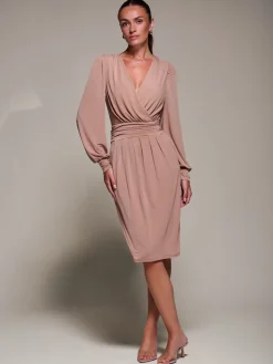 Long Balloon Sleeve Jersey Midi Dress, Dusty Pink