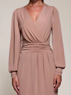 Long Balloon Sleeve Jersey Midi Dress, Dusty Pink
