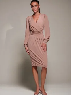 Long Balloon Sleeve Jersey Midi Dress, Dusty Pink
