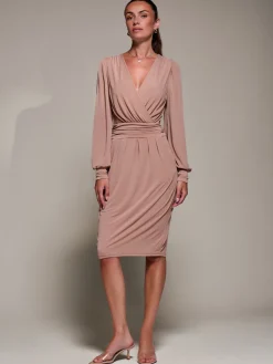 Long Balloon Sleeve Jersey Midi Dress, Dusty Pink