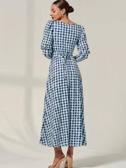 Long Puff Sleeved Jersey Midaxi Dress, Large Blue Geo