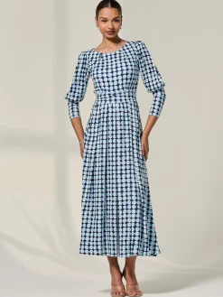Long Puff Sleeved Jersey Midaxi Dress, Large Blue Geo