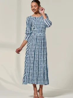 Long Puff Sleeved Jersey Midaxi Dress, Large Blue Geo