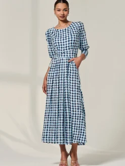 Long Puff Sleeved Jersey Midaxi Dress, Large Blue Geo