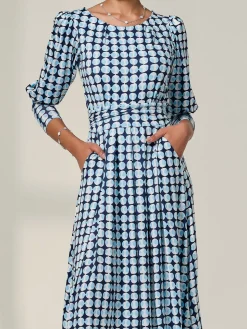 Long Puff Sleeved Jersey Midaxi Dress, Large Blue Geo