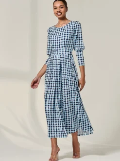 Long Puff Sleeved Jersey Midaxi Dress, Large Blue Geo